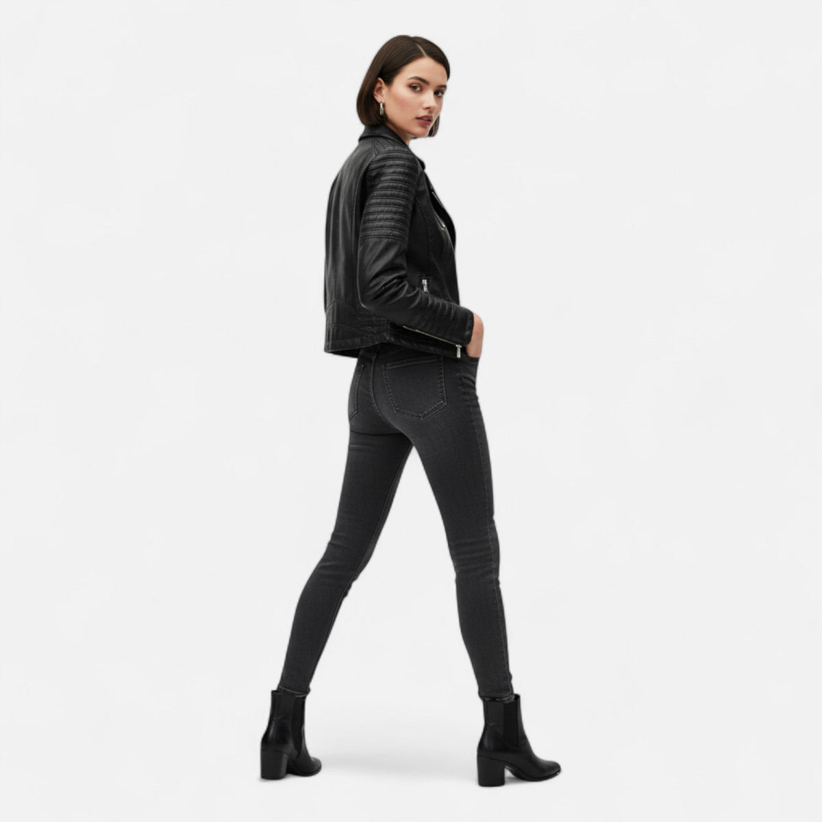 Chaqueta biker de cuero auténtico para mujer, manga larga, estructura definida