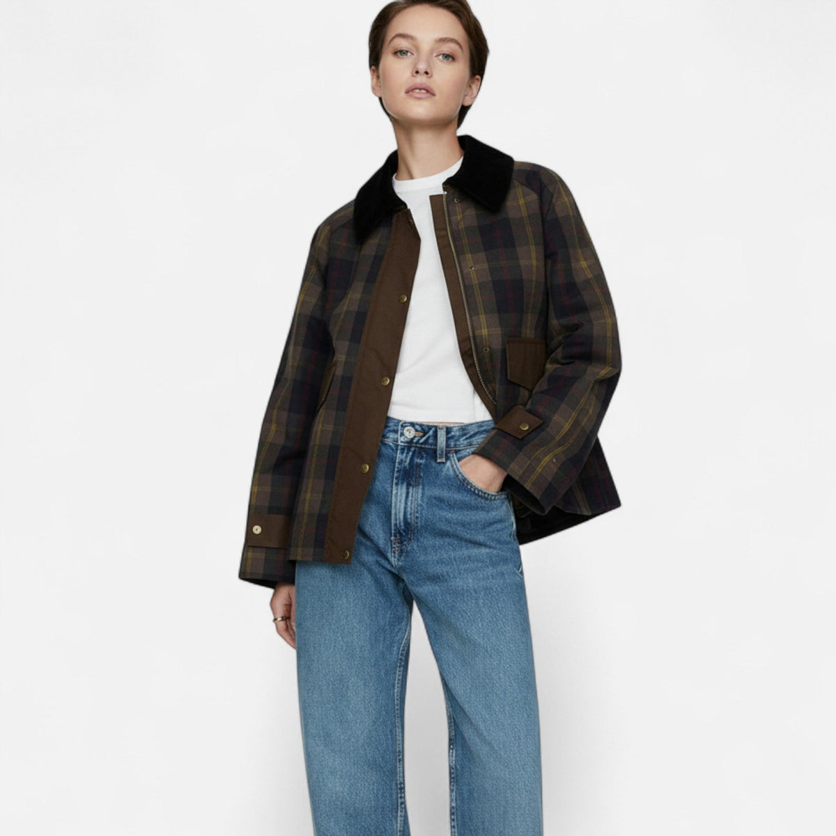 Women's Check Jacket Faux Fur Collar Soft Warm Winter