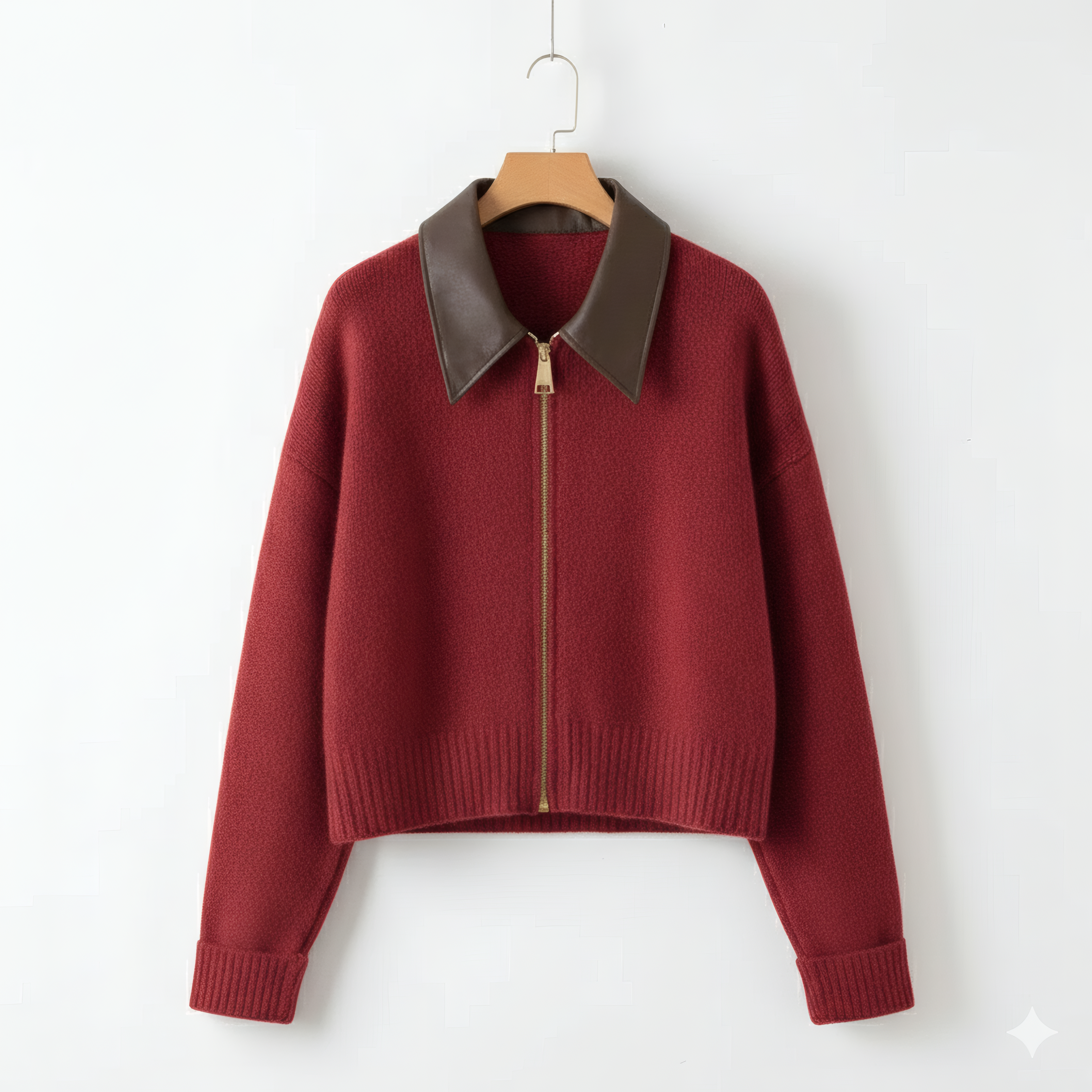 Women's Knit Jacket Faux Leather Polo Collar Full Zip