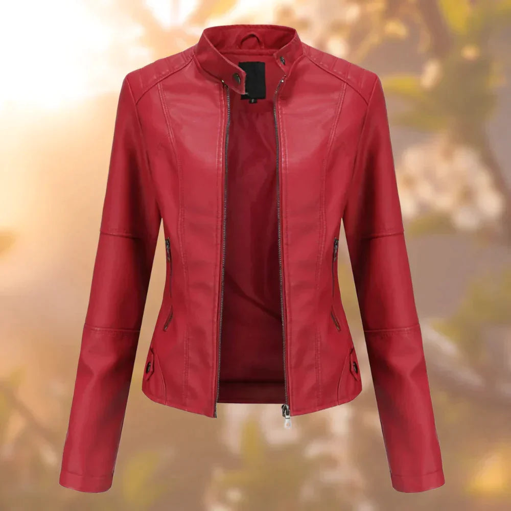 Women's Leather Jacket Full Zip Short Collar Structured
