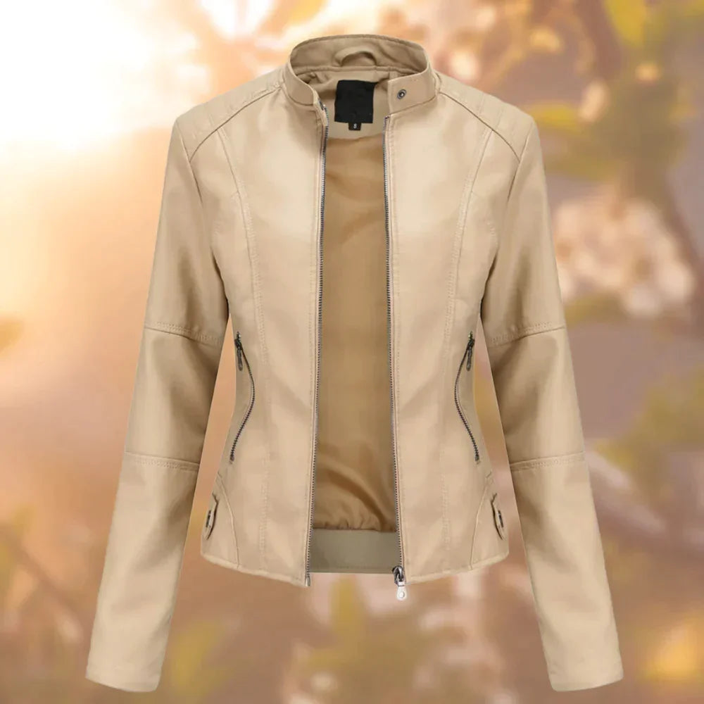 Women's Leather Jacket Full Zip Short Collar Structured