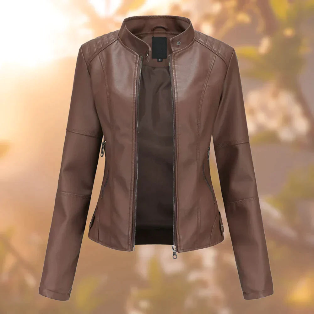 Women's Leather Jacket Full Zip Short Collar Structured