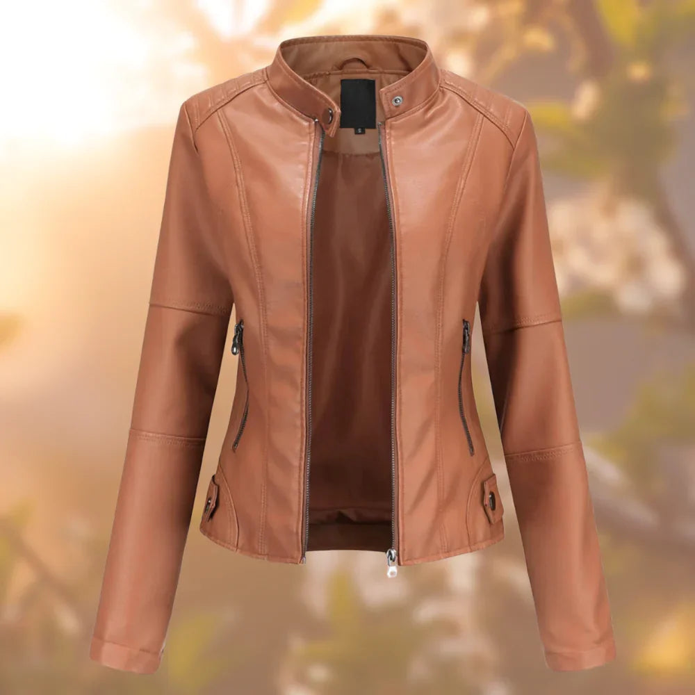 Women's Leather Jacket Full Zip Short Collar Structured