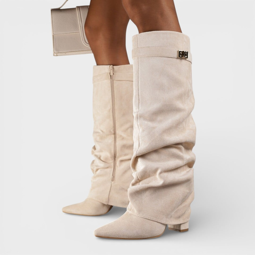 Bottes montantes femme à bout pointu, talon bas froncé et boucle