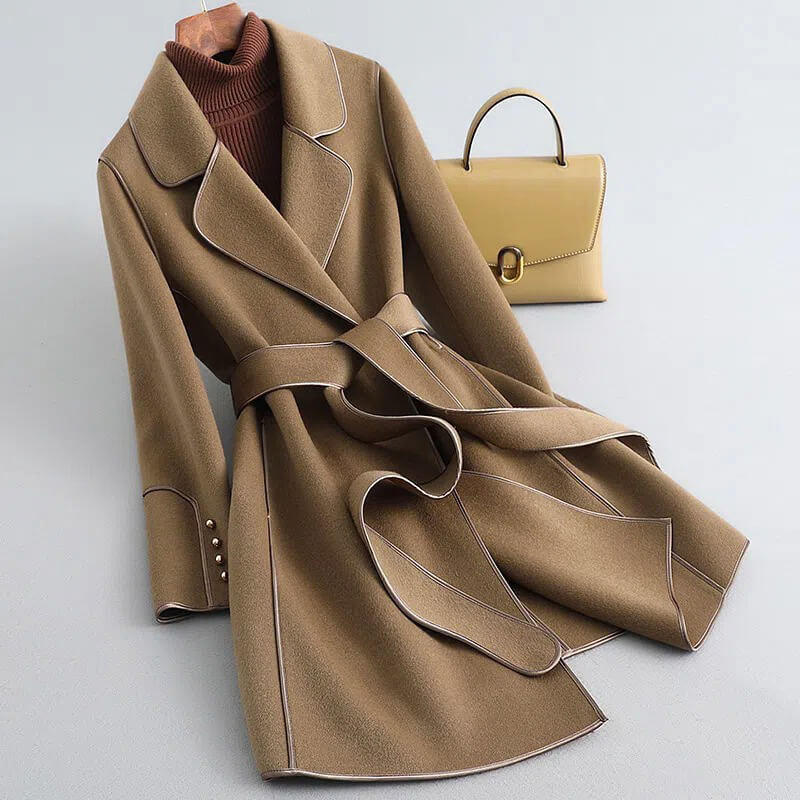 Women's Virgin Wool Trench Coat Self-Tie Sash Pearl Cuffs