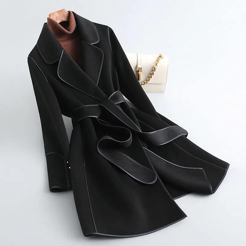 Women's Virgin Wool Trench Coat Self-Tie Sash Pearl Cuffs