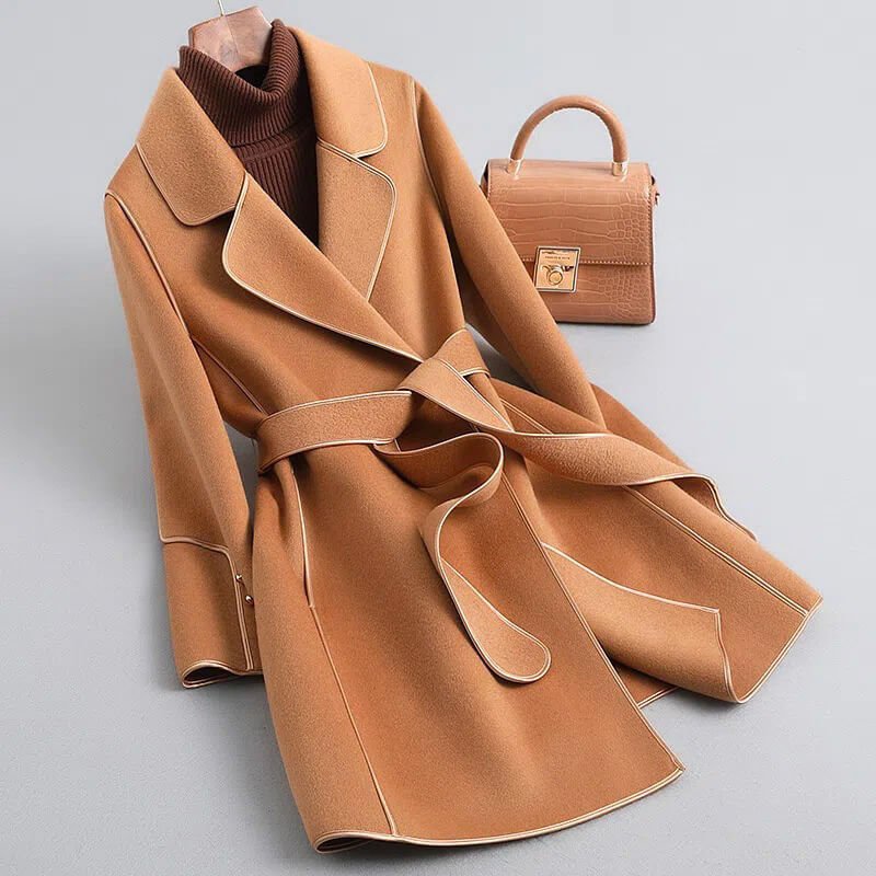 Women's Virgin Wool Trench Coat Self-Tie Sash Pearl Cuffs