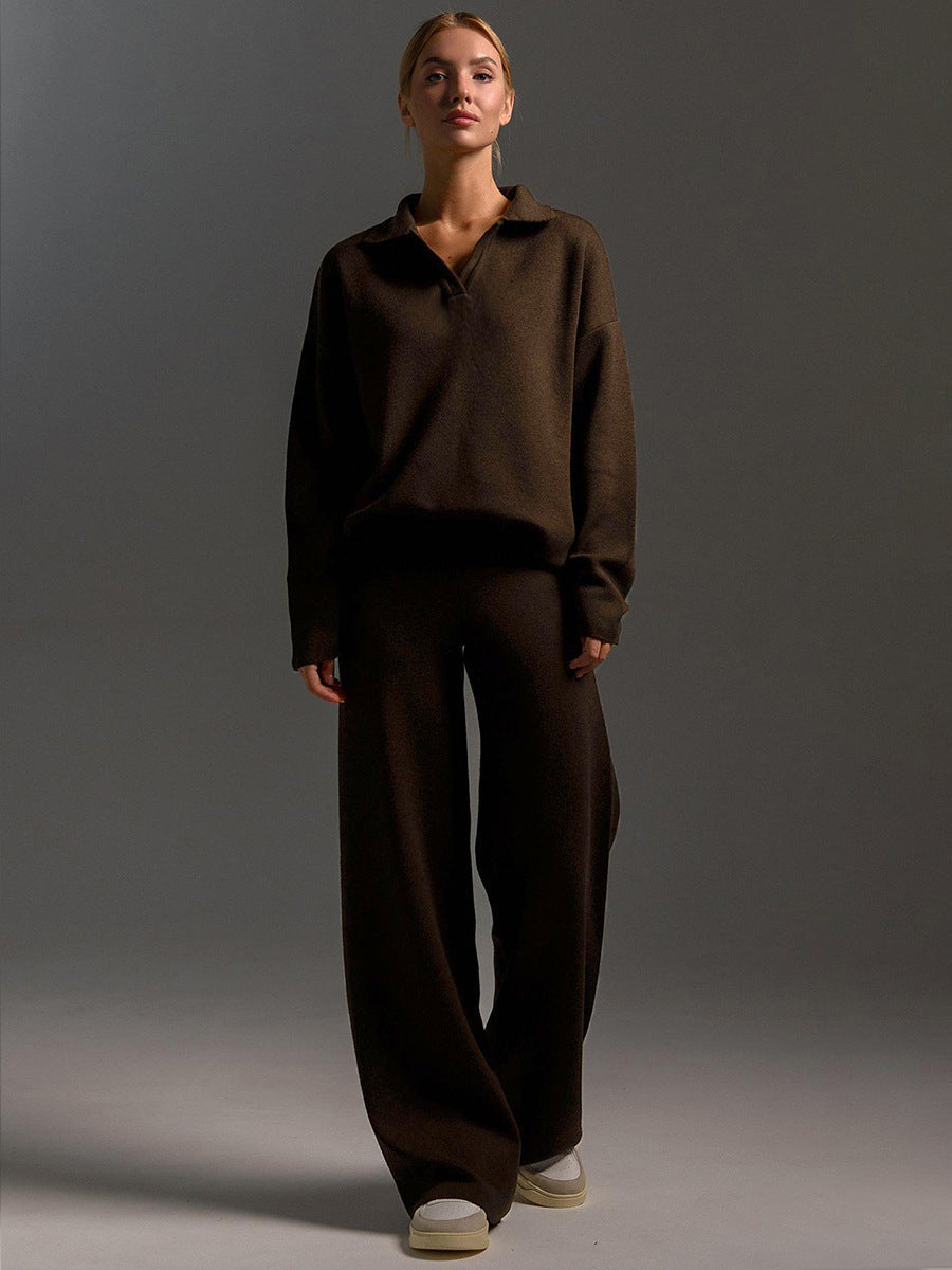 Women's Loungewear Set Wide-Leg Pants Polo Sweater