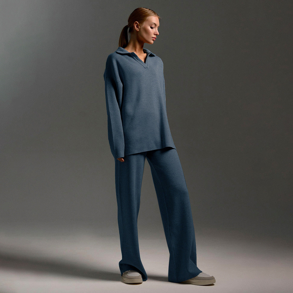 Women's Loungewear Set Wide-Leg Pants Polo Sweater