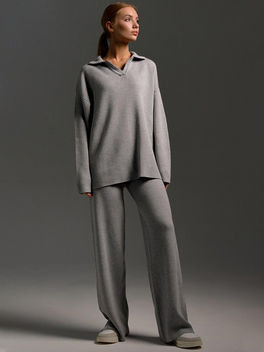 Women's Loungewear Set Wide-Leg Pants Polo Sweater