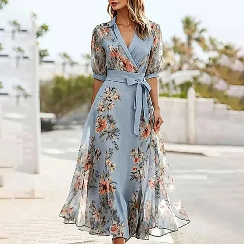 Vanessa™ - Vestido maxi bohemio con escote en V y lazo