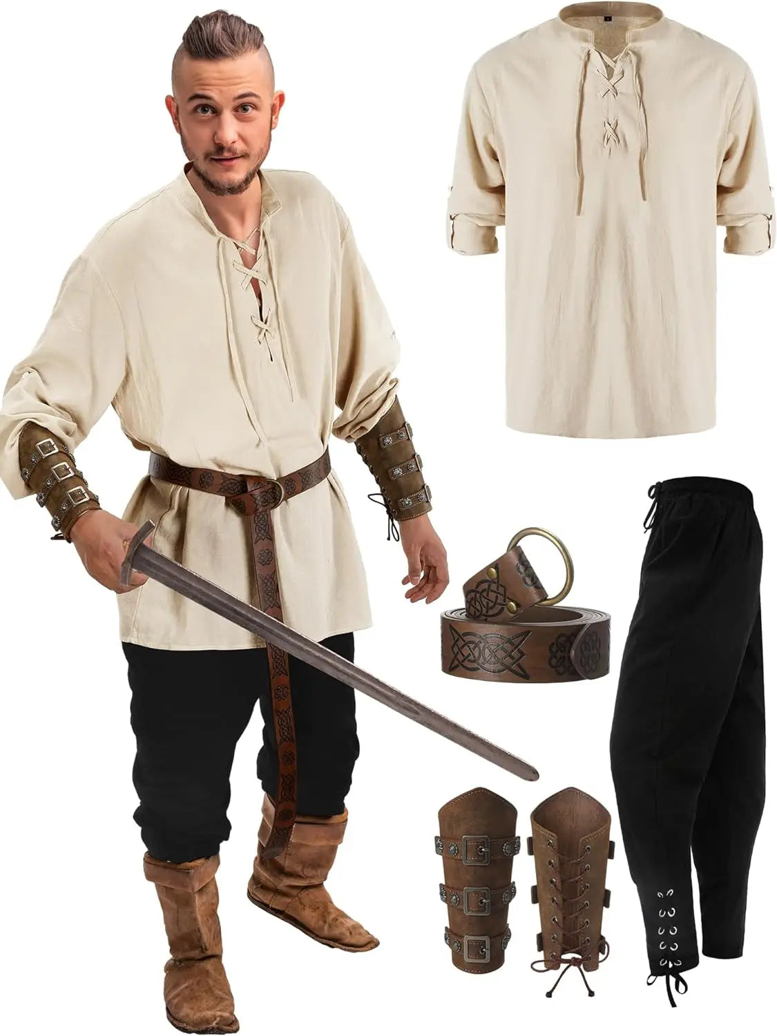 Homme Ensemble Chemise Pantalon Médiéval Halloween Cosplay Ceinture Viking