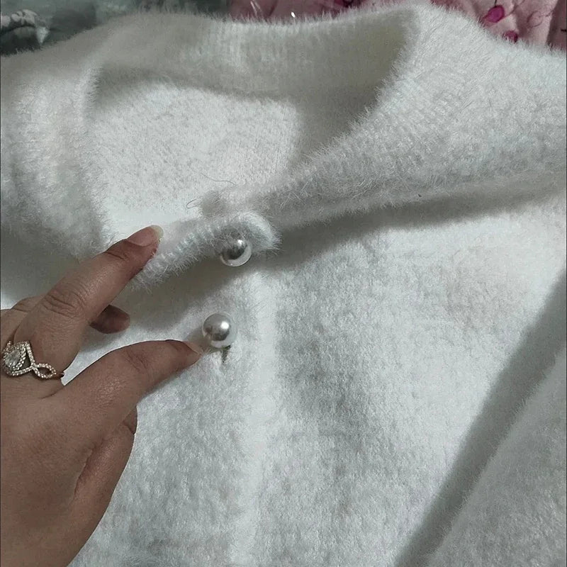 Women's Velvet Knit Cardigan Pearl Buttons Soft Texture