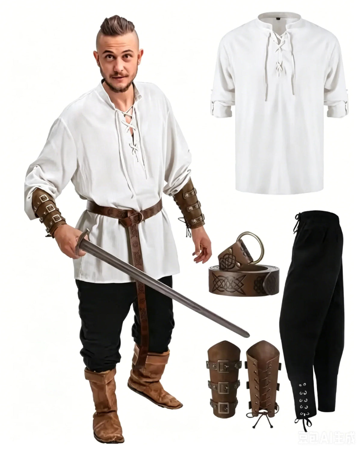 Homme Ensemble Chemise Pantalon Médiéval Halloween Cosplay Ceinture Viking
