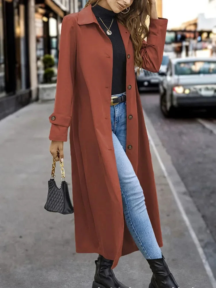 Women's Long Trench Coat Buttoned Front Streamlined