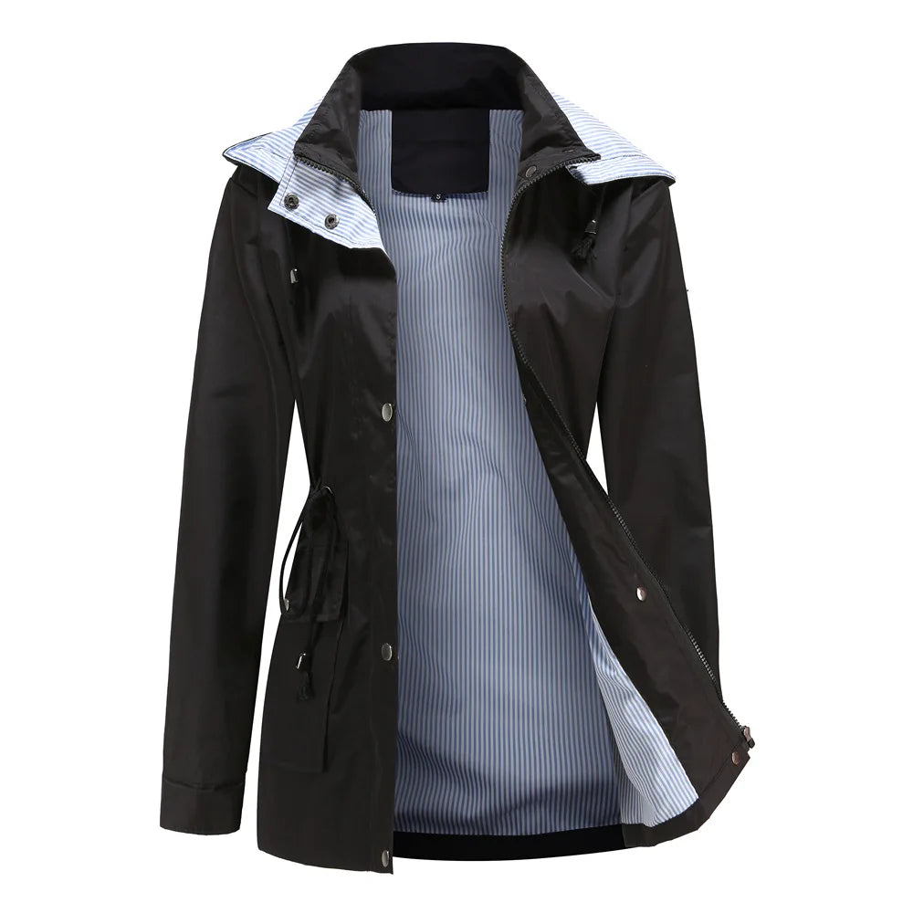 Women's Hooded Trench Coat Water-Resistant Striped Lining