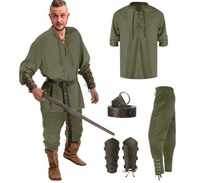 Homme Ensemble Chemise Pantalon Médiéval Halloween Cosplay Ceinture Viking
