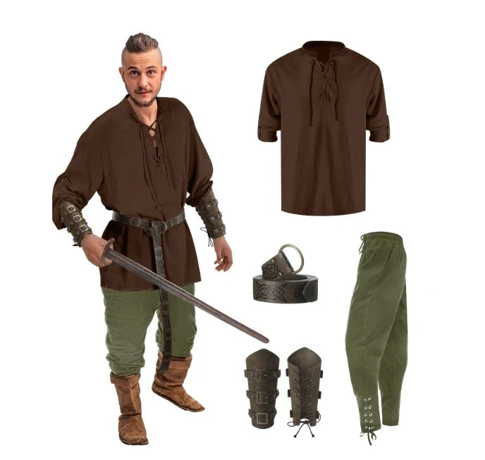 Homme Ensemble Chemise Pantalon Médiéval Halloween Cosplay Ceinture Viking
