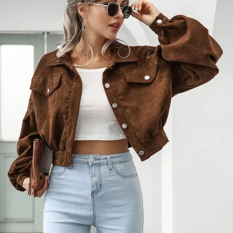 Women's Corduroy Bomber Jacket Cropped Buttoned Collar