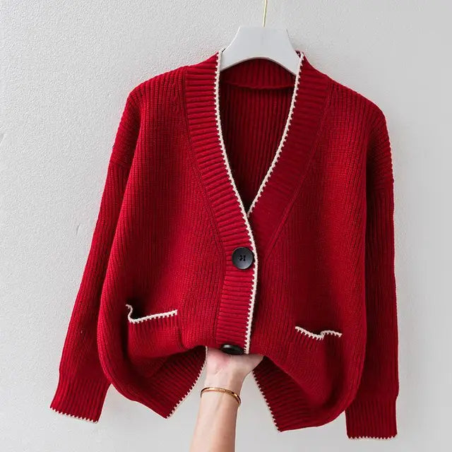 Women's Cardigan Front Pockets Trim-Lined Edges