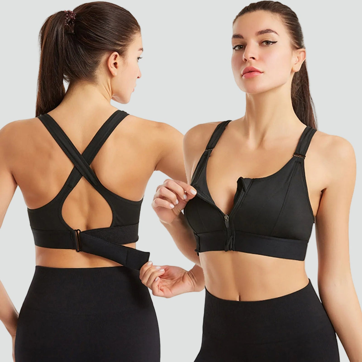 Reggiseno sportivo da donna con cerniera frontale e regolazione posteriore