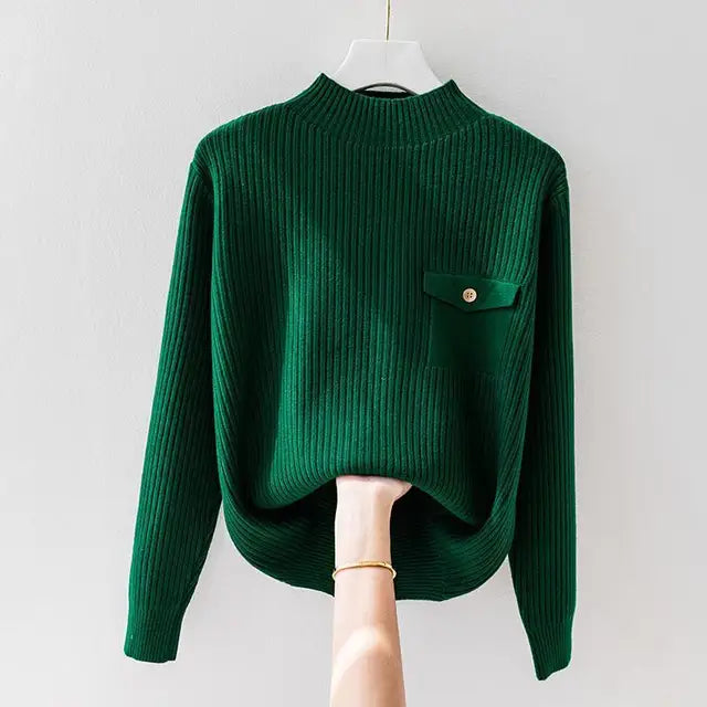 Women's Ribbed Sweater Mock Neck Button Flap Pocket