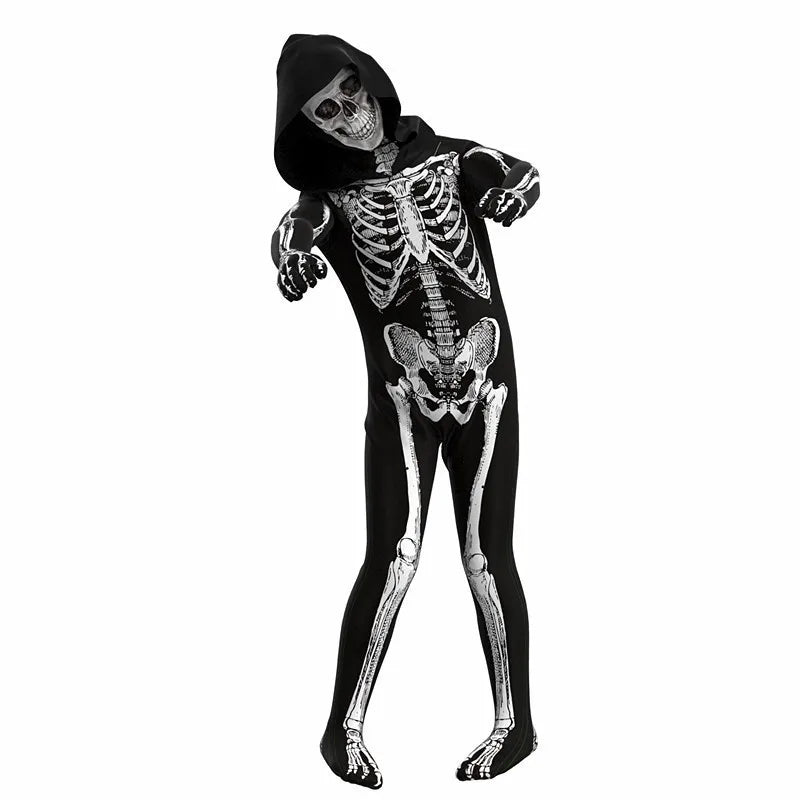 Kids' Hooded Skeleton Costume Jumpsuit Halloween Cosplay