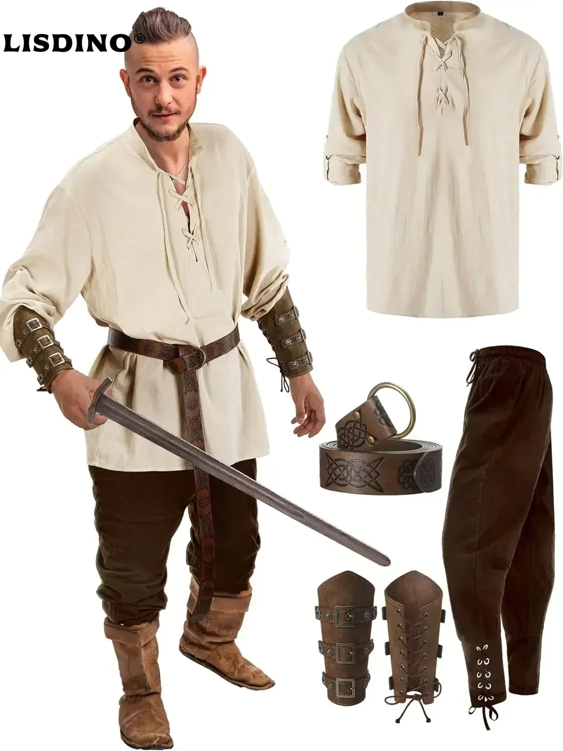 Homme Ensemble Chemise Pantalon Médiéval Halloween Cosplay Ceinture Viking