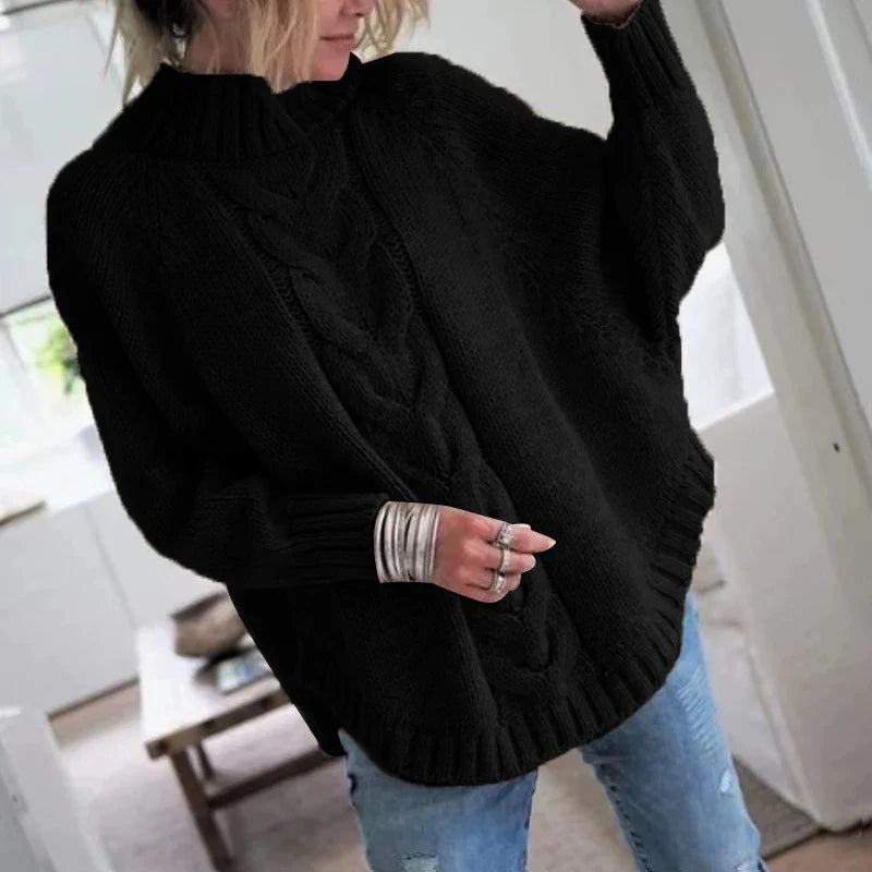 Women's Wool-Blend Cable-Knit Sweater High Neck Chunky