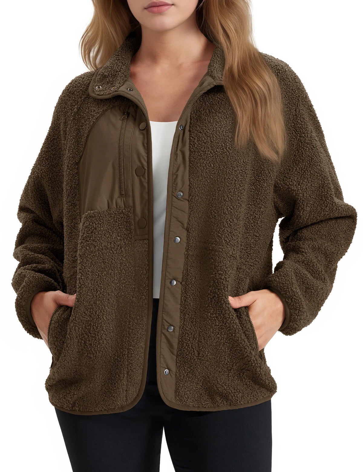 Women's Sherpa Fleece Jacket with Collar and Side Pockets