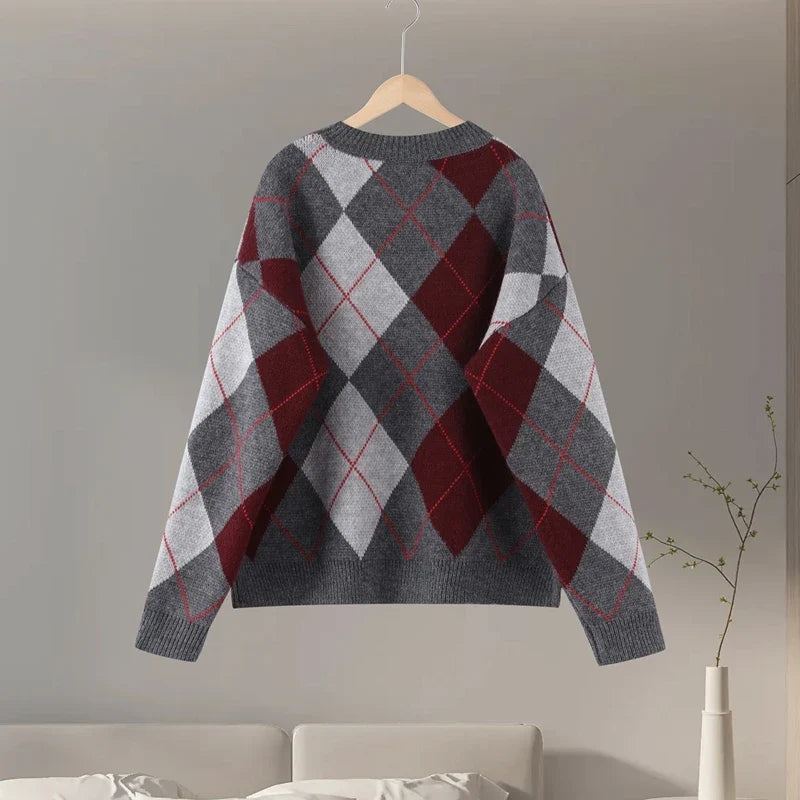 Women's Argyle Sweater Cotton-Blend Diamond Pattern