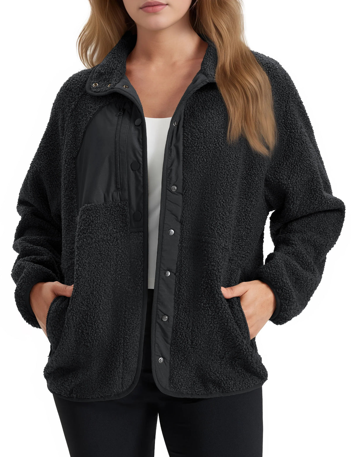 Women's Sherpa Fleece Jacket with Collar and Side Pockets