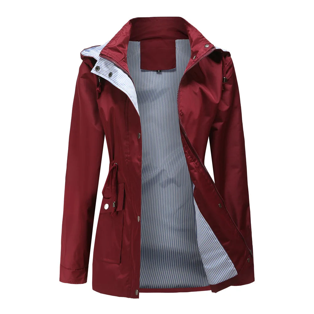 Women's Hooded Trench Coat Water-Resistant Striped Lining