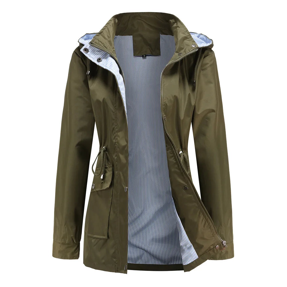 Women's Hooded Trench Coat Water-Resistant Striped Lining