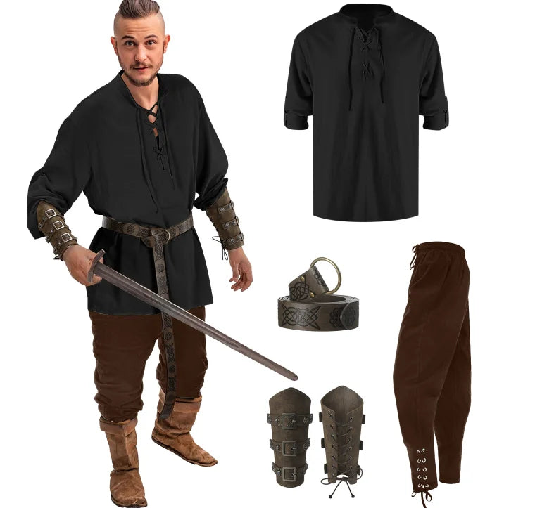Homme Ensemble Chemise Pantalon Médiéval Halloween Cosplay Ceinture Viking