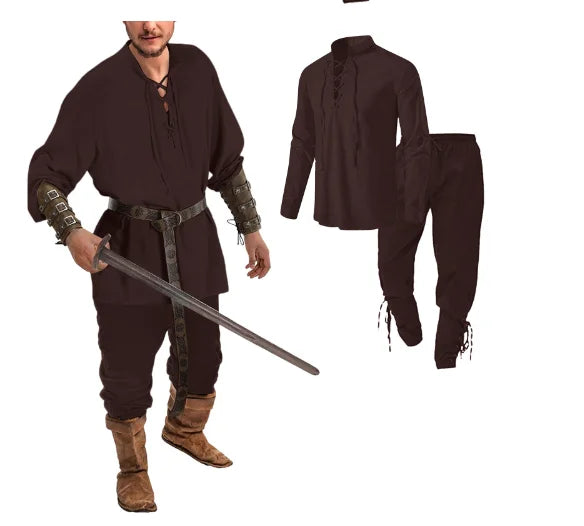 Homme Ensemble Chemise Pantalon Médiéval Halloween Cosplay Ceinture Viking