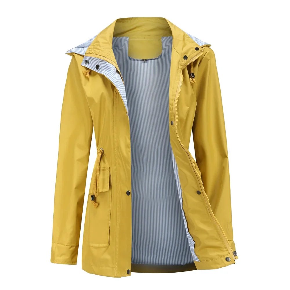 Women's Hooded Trench Coat Water-Resistant Striped Lining