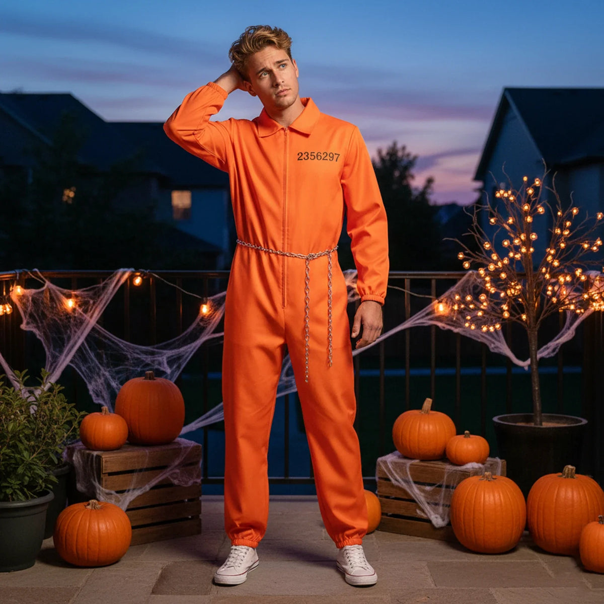 Prisoner Costume Jumpsuit Long Sleeve Men's Halloween Cosplay