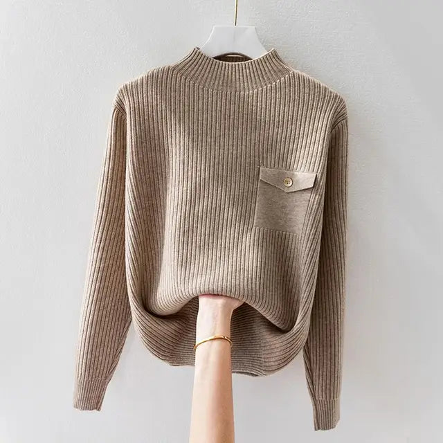 Women's Ribbed Sweater Mock Neck Button Flap Pocket