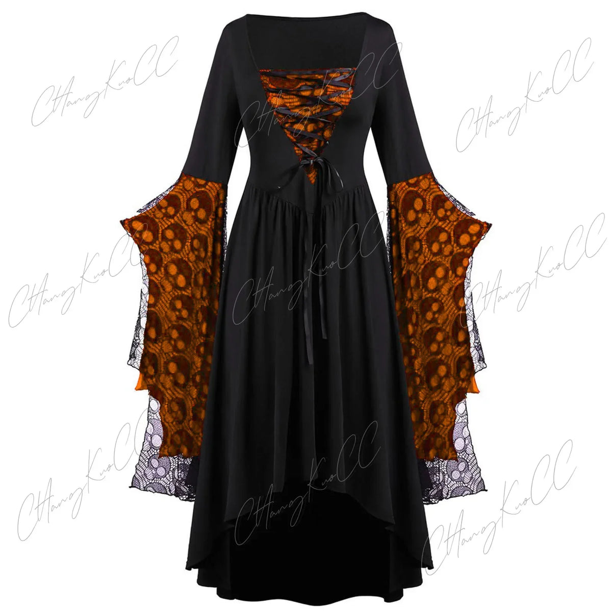Gothic Lace-Sleeve Dress Women's Halloween Witch Cosplay Costume