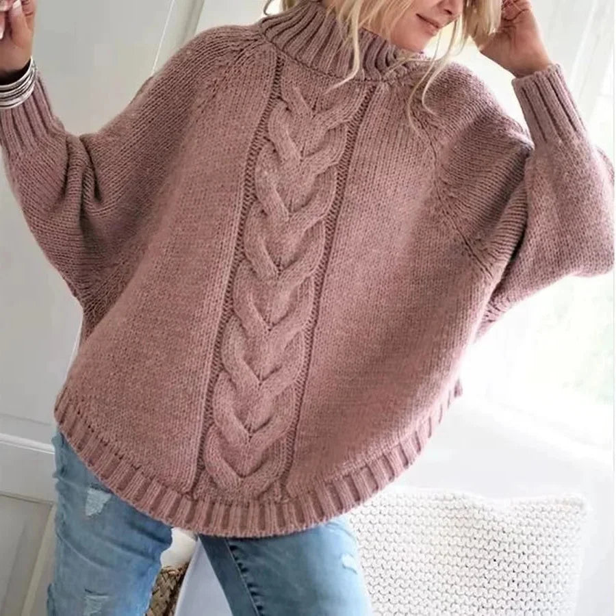 Women's Wool-Blend Cable-Knit Sweater High Neck Chunky