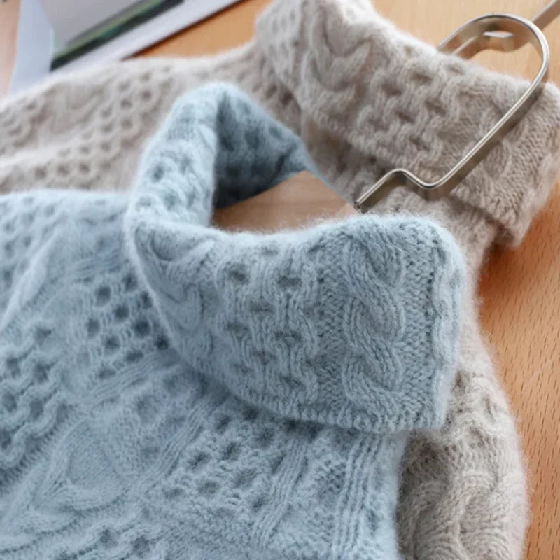 Women's Turtleneck Sweater Braided Texture Hand-Knit