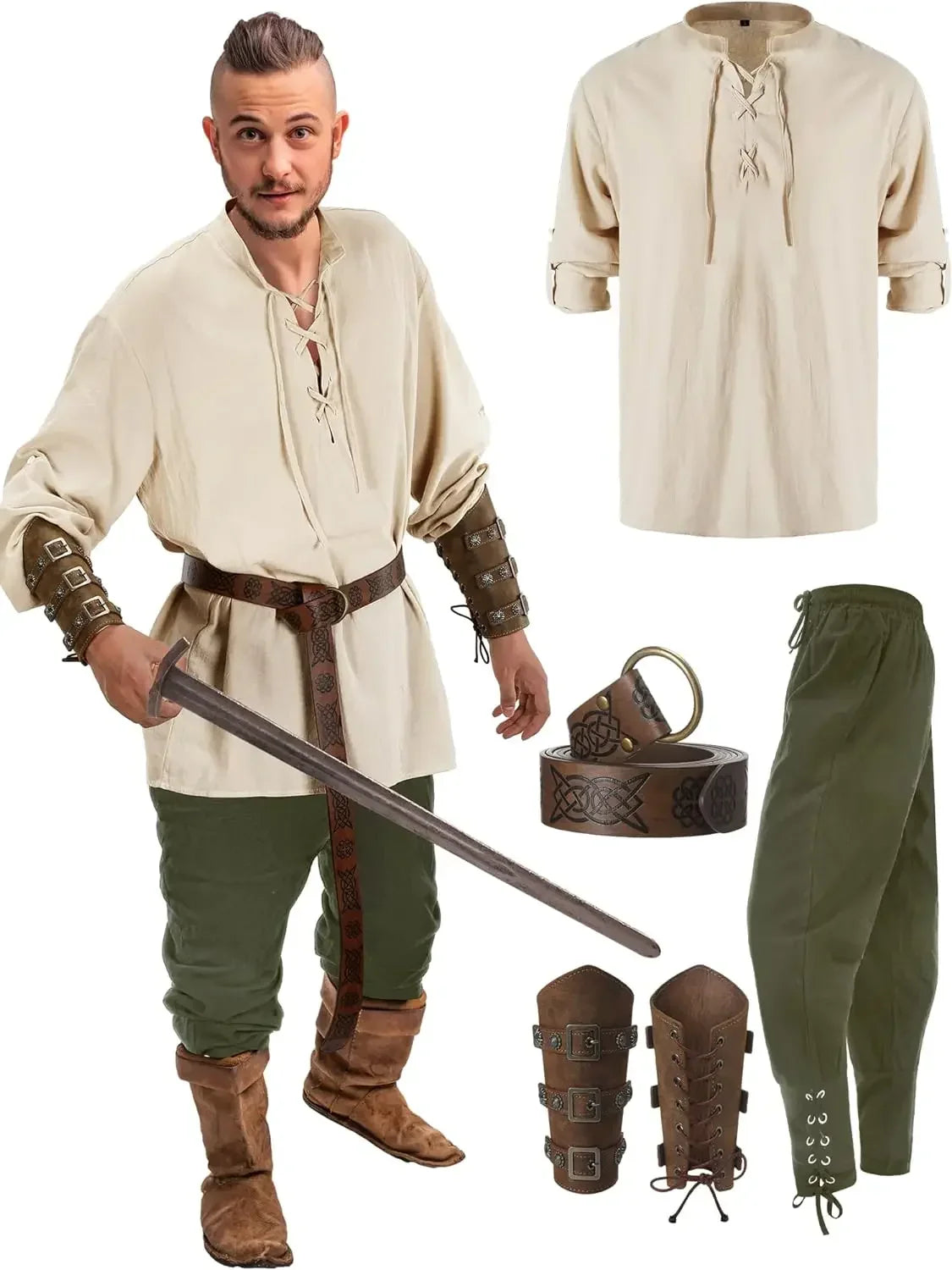 Homme Ensemble Chemise Pantalon Médiéval Halloween Cosplay Ceinture Viking