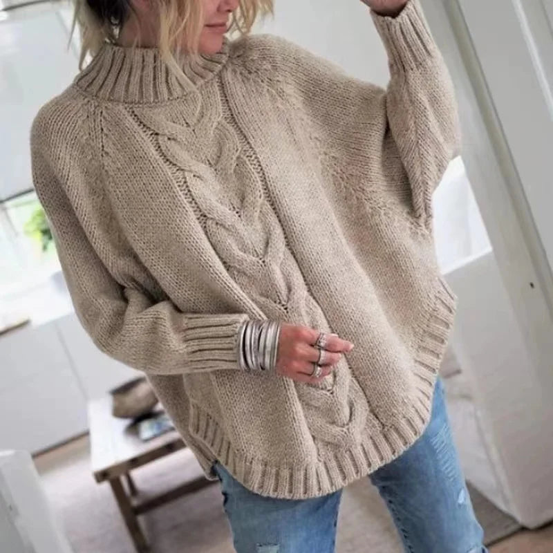 Women's Wool-Blend Cable-Knit Sweater High Neck Chunky