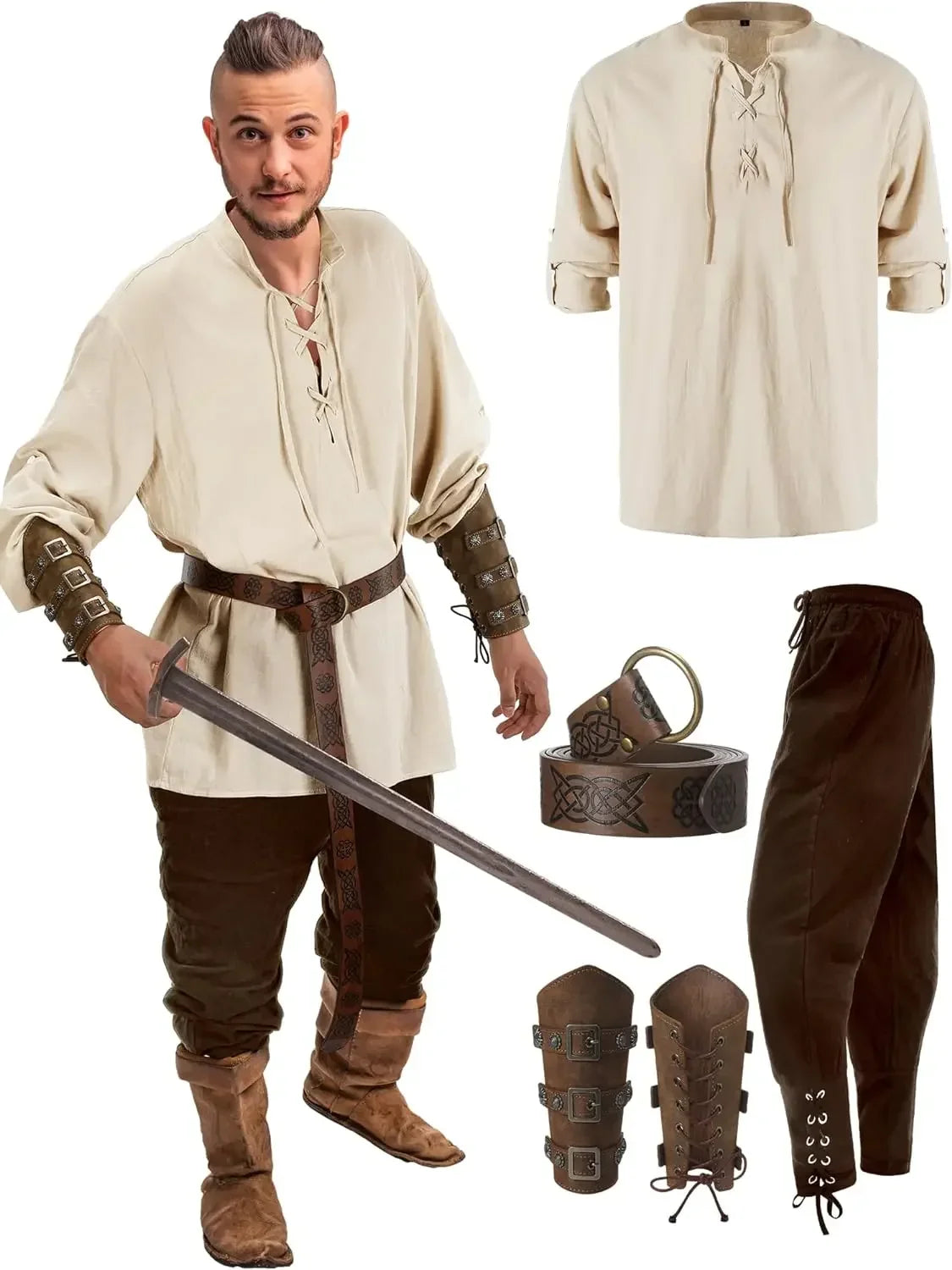Homme Ensemble Chemise Pantalon Médiéval Halloween Cosplay Ceinture Viking