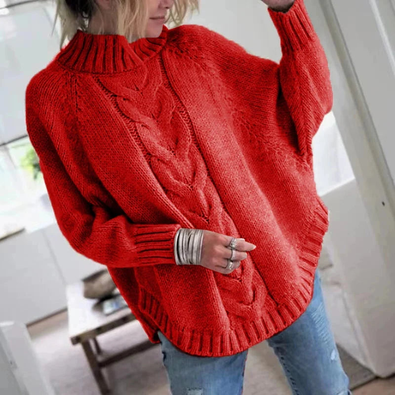 Women's Wool-Blend Cable-Knit Sweater High Neck Chunky