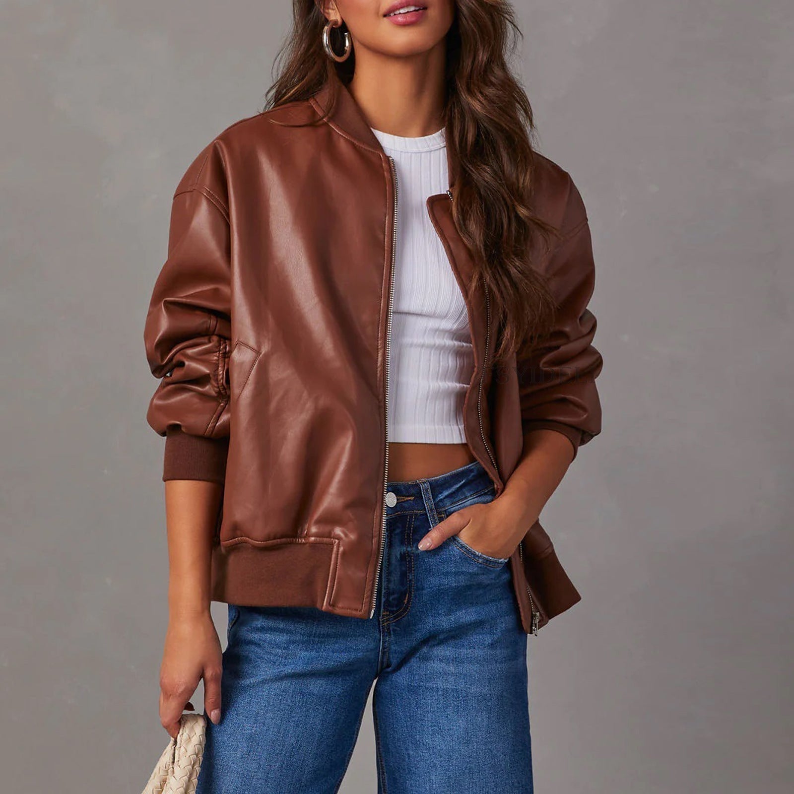 Women's Faux Leather Bomber Jacket Zip-Up Ribbed Cuffs