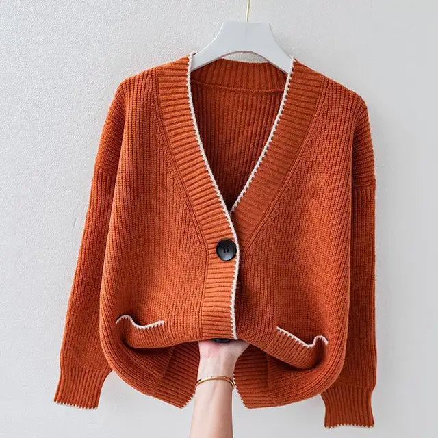 Women's Cardigan Front Pockets Trim-Lined Edges