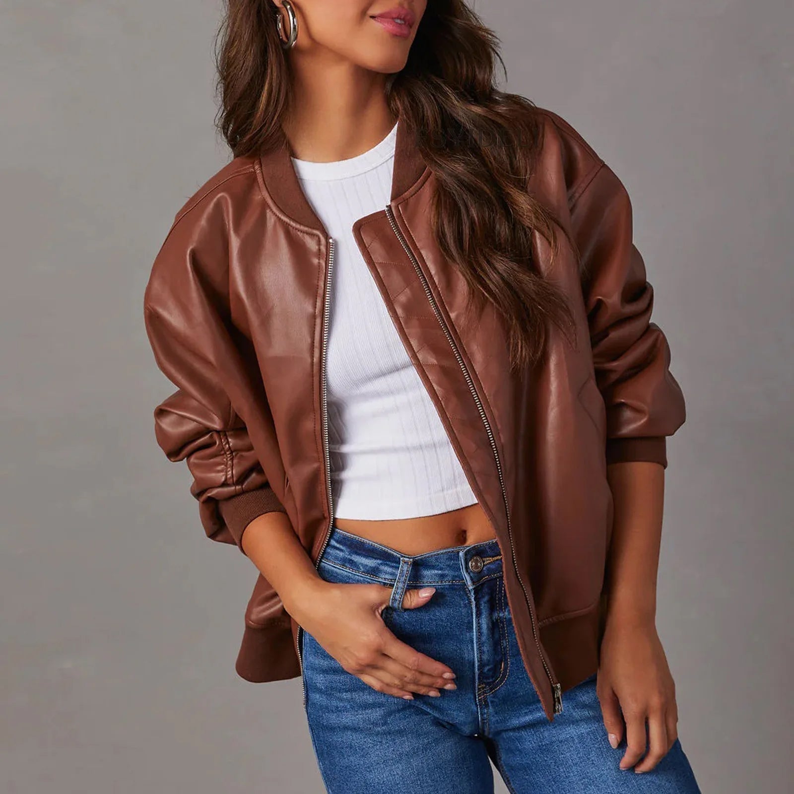 Women's Faux Leather Jacket Band Collar Zip Casual Fit