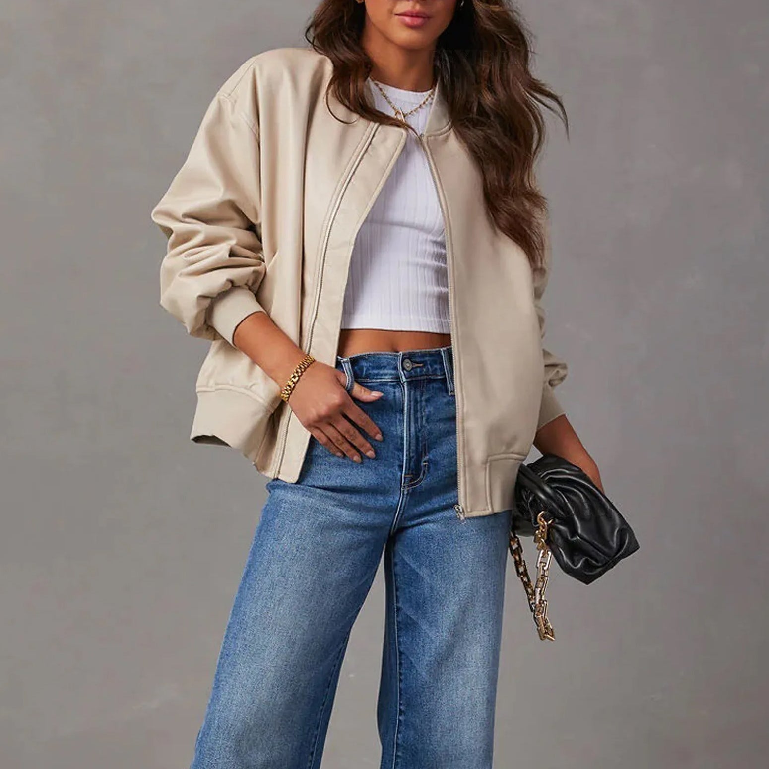 Women's Faux Leather Jacket Band Collar Zip Casual Fit